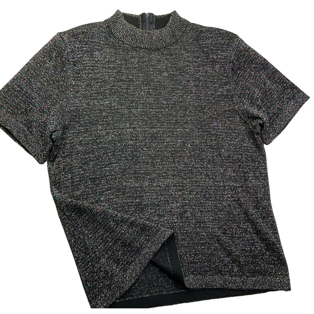 Rochelle California Knit Top Women Sz M Mock Padded Shoulders Metallic Vintage
